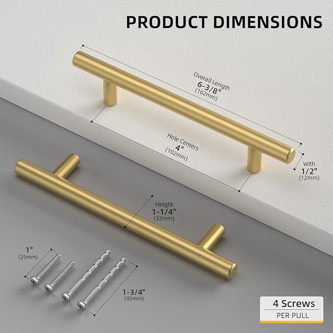 Goldenwarm 5 Pack 4 inch Gold Cabinet Handles Brushed Gold Cabinet Pulls Stainless Steel Drawer Pulls, Durable Kitchen Cabinet Handles - Bathroom Bedroom Dresser Handles Easy DIY Upgrade