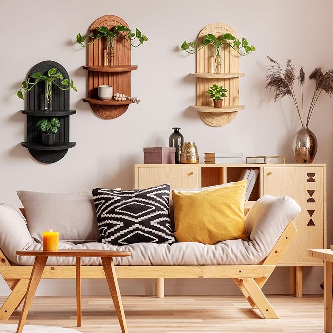 Pinkunn 3 Pcs Boho Wall Decor Floating Plant Wall Shelf Modern Mid Century Decor Hanging Natural Wood Planter Holder for Home Bathroom Bedroom Living Room Office Holding Planter 15.75 x 6.69 Inches