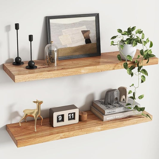 Reclaimed Elm Wood Floating Shelves for Wall, Flat Edge 36"W x 9.2"D x 1.4"H, Set of 2 with Invisible Bracket, Wall Mounted Shelves for Living Room Bedroom Kitchen Bathroom Decor, Natural Finish