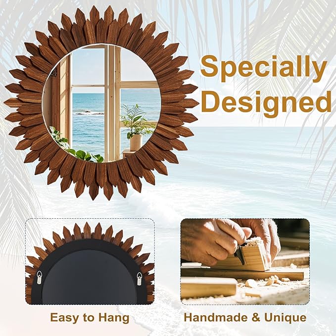 28 Inch Walnut Boho Wall Decor Sunburst Mirror - Round Wooden Wall Decor, Handmade Rustic Circular Mirror for Living Room, Bedroom, Entryway, Office