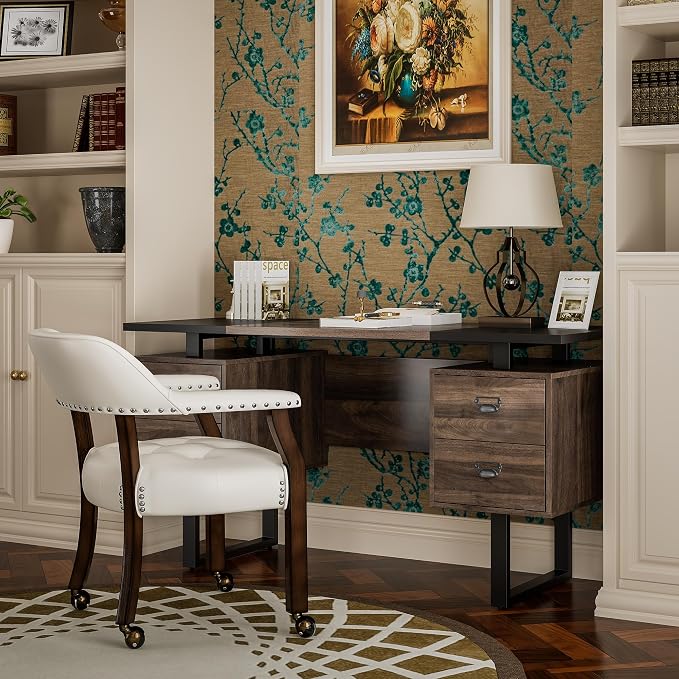 Computer Desk with Drawers 59" L Contemporary Home Office Laptop Desk with Floating Desktop and 4 Storage Drawers Vintage Study Gaming Table with Metal Frame Black & Walnut CTSZ20401WACM