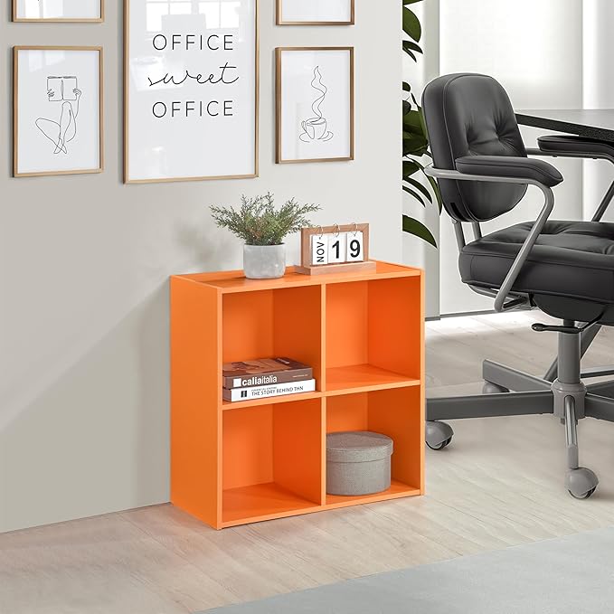 Kings Brand Furniture George 4-Cube Storage Organizer, 2-Tier Bookcase with Wood Shelves for Living Room, Bedroom, Nursery, or Home Office (Orange, 1-Pack)