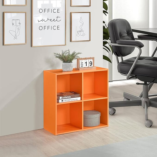 Kings Brand Furniture George 4-Cube Storage Organizer, 2-Tier Bookcase with Wood Shelves for Living Room, Bedroom, Nursery, or Home Office (Orange, 1-Pack)