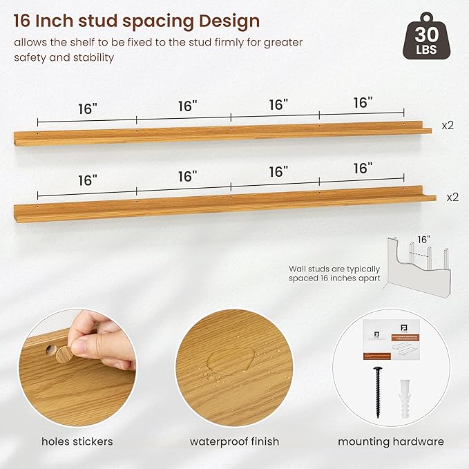 Axeman 72 Inch Floating Shelves | Oak Picture Ledge Shelf Set of 4 | Rustic Wood Wall Shelves with Lip | 72" Oak Picture Shelves for Wall with Ledge | Photo Shelves