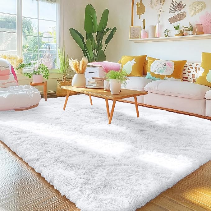OLANLY 5x5 Area Rugs for Living Room Bedroom, Machine Washable Soft Fluffy Shaggy Bedside Rug, Indoor Floor Carpet for Kids Girls and Boys, Dorms, Nursery Rooms, Home Decor Aesthetic, White