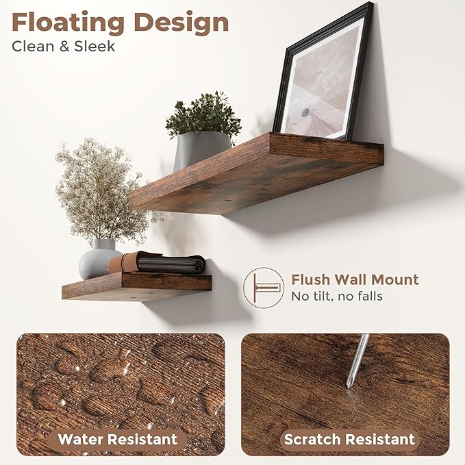 8 Inch Square Floating Shelves for Wall 3 Pack, 8"D Wood Grain Bathroom Shelves with Invisible Brackets, Easy Install Engineered Wood Storage Shelves for Kitchen, Living Room, Rustic Brown Finish