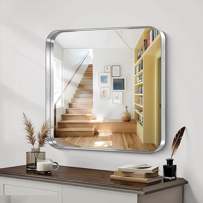CIRCUMI Silver Bathroom Mirror, 30"x30" Rectangular Mirror with Deep Metal Frame, Rounded Corner, Tempered Glass, Square Mirror for Wall, Oversink, Bedroom, Living Room, Vanity, Entryway,Crystal-Clear