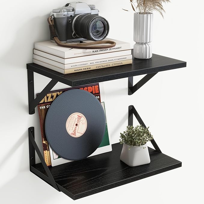 8" Deep Floating Shelves for Wall,16 inch Wood Wall Shelves Set of 2,Wide Floating Bookshelf with Sturdy Metal Brackets,Hanging Storage Floating Shelf for Living Room,Bedroom,Bathroom,Office,Black