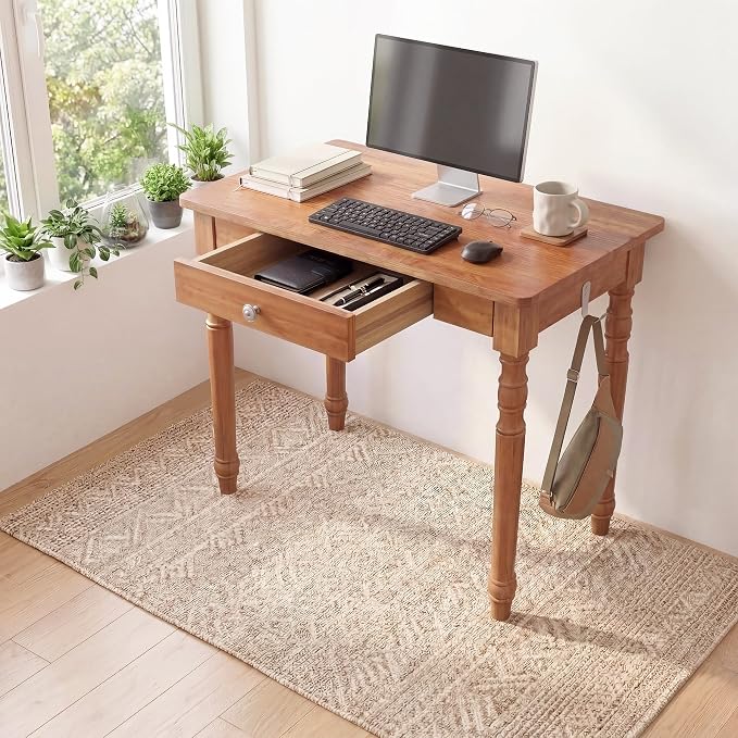 100% Solid Wood Desk with Drawers, 31 x 16 Inch Narrow Mid Century Modern Desk, Vintage Small Wooden Writing Table for Small Spaces Bedroom, Living Room, Office