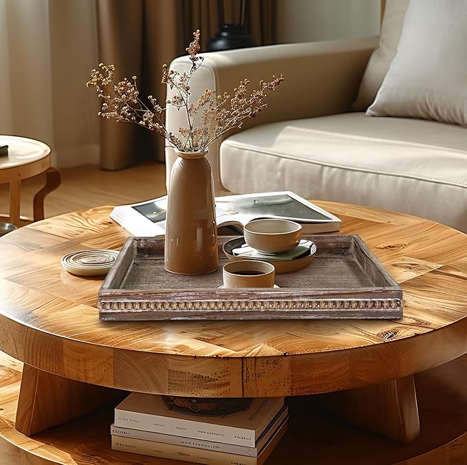 MAONAME Wood Serving Tray, Farmhouse Wooden Tray for Coffee Table, Rustic Rectangle Trays with Beads, Vintage Brown Decorative Trays for Living Room, Kitchen, 15.7" X 11.8" X 1.57"