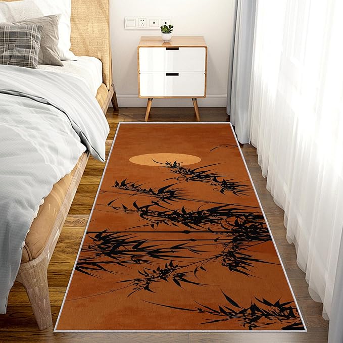 Oriental Bamboo Runner Rug 4x9, Full Moon Sunset Design, Asian Zen Nature Area Rug, Washable Non-Slip Floor Carpet Runner for Bedroom, Dining Room, Living Room Aisle