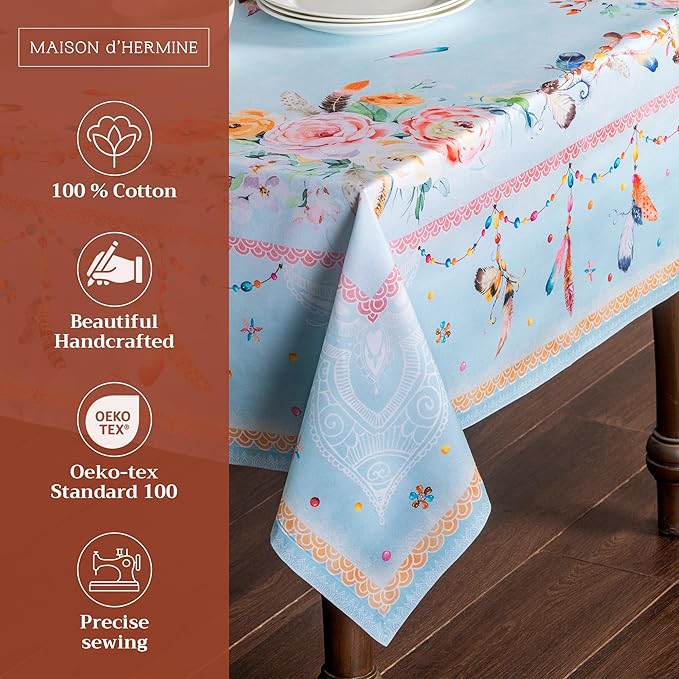 Maison d' Hermine Table Cloth Rectangle Table 100% Cotton 60 x 90 Inches Tablecloth Reusable Decorative for Dining Room Farmhouse Home Valentines Day Decorations Spring Summer - Ibiza - Blue