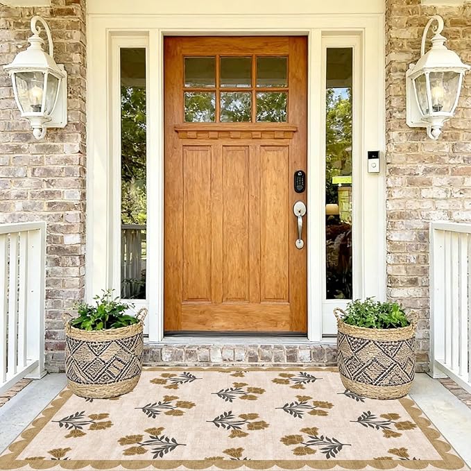 4x6 Covered Outdoor Patio Rug - Beige Washable Front Porch Entry Rug Non-Slip Door Mat Indoor Outside Entrance Floral Scalloped Area Rugs for Living Room Entryway Foyer Backyard Porch Decor