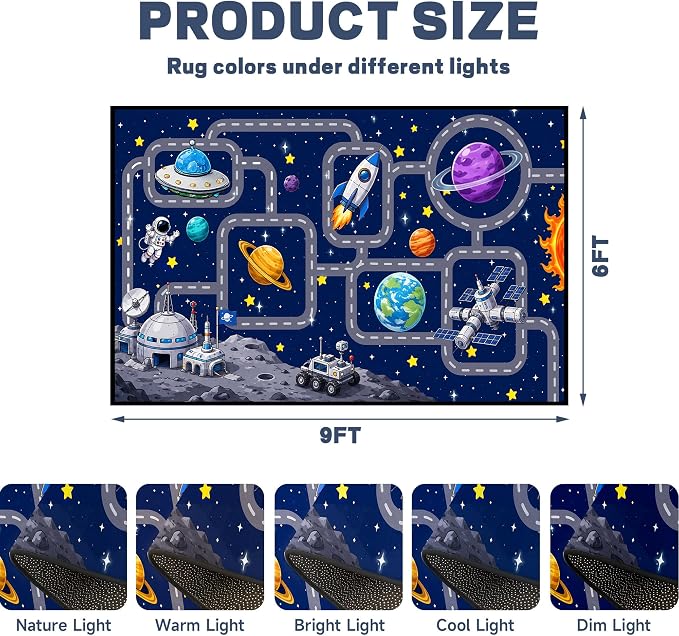 Outer Space Rug Astronaut Road Map Area Rug for Bedroom Living Room Nursery Kitchen Playroom Home Decor Washable Educational Floor Mat Galaxy Themed Carpet,6'x9'