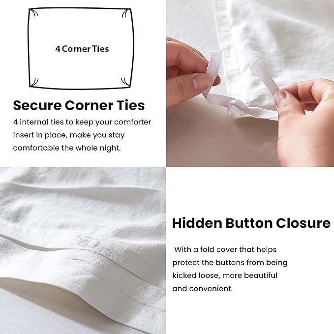 FALUCA French Linen Blend Duvet Cover Set 3Pcs Queen (88"x92") - Soft, Breathable, Cooling Farmhouse Bedding for Summer Hot Sleeper (Queen, White)