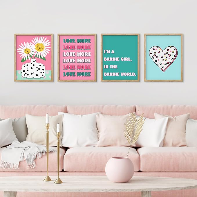SIGNWIN Framed I'm a Barbie Girl in The Barbie World Wall Art, Set of 4 Heart, Chrysanthemum Illustration Wall Decor Prints, Preppy Room Decor Wall Décor for Living Room, Bedroom - 11"x14"Natural