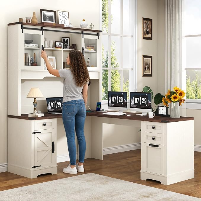 Squireewo 68.9'' Farmhouse L Shaped Desk with Hutch and Drawers, 76" High Wood Executive Home Office Desk with Charging Station, File Drawer and Cabinet, Computer Corner Desk with Sliding Doors, White