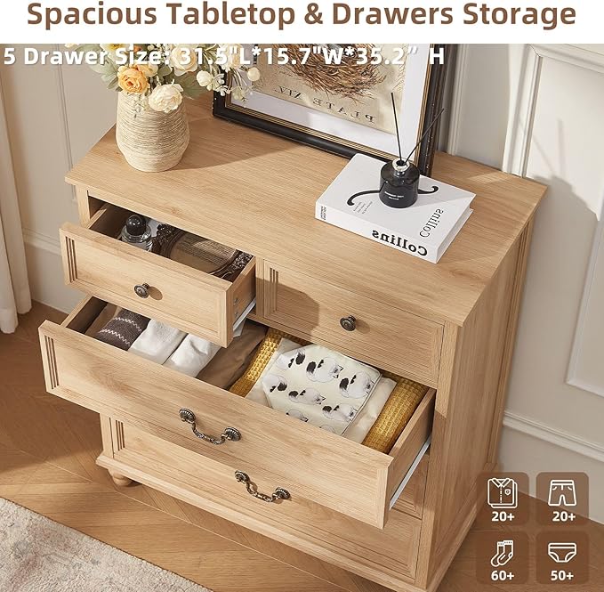 Farmhouse 5 Drawer Dresser Set of 2 for Bedroom, 35" Tall Rustic Chests of Drawers w/ 4 Solid Wood Feet, Mid Century Vintage Wooden Closet Storage Dressers Organizer for Living Room,Natural