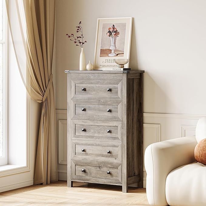 Grey Dresser Tall 5 Drawer Dresser for Bedroom, Wooden Dressers & Chests of Drawers with Metal Handles, Modern Storage Cabinet and Organizer Drawers for Living Room, Hallway, Gray