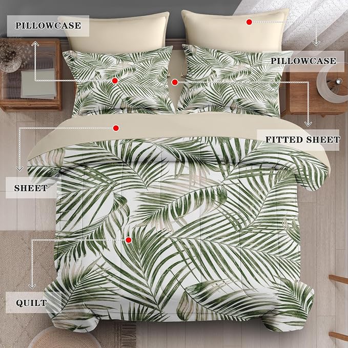 7Pcs Comforter Set King Size, Tropical Palm Tree Fronds Green Leaves, Bedding Decor Botanical Plant Palm Leaf Bedroom Bed Set Flat Sheet Fitted Sheet Pillowcases Shams for Kids Adults