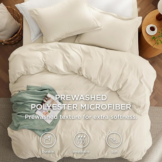 Bedsure California King Size Duvet Cover with Fitted Sheet - 4 Pieces Prewashed Cotton-Like Polyester Soft Bedding Set, Includes 1 Duvet Cover 104''x98'', 2 Pillow Shams, 1 Fitted Sheet, Oat Milk