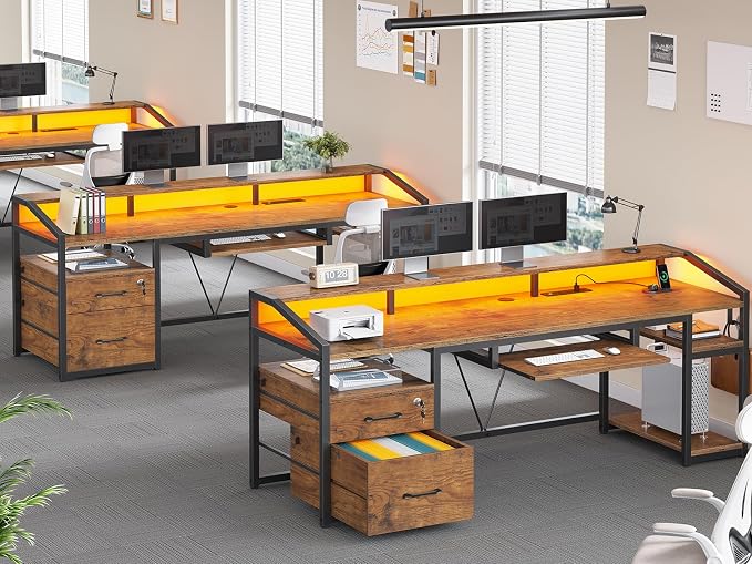 SEDETA 63" Computer Desk, Office Desk with Lock Drawers for Legal/Letter File, Gaming Desk with LED Light & Power Outlet, Home Office Desks for Printer, Rustic Brown