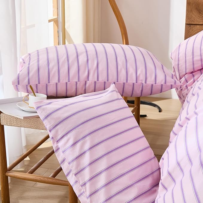 Merryword 100% Cotton Duvet Cover Set King Size - Pink & Purple Striped Bedding Set with Zipper & Corner Ties, 3-Piece Luxury & Silky Soft Bedding Set for All Seasons