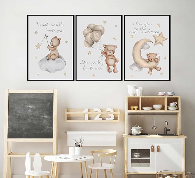 MTLXSBLT 3Pcs Nursery Teddy Bear Wall Art Cute Little Bears Wall Decor Slepping Teddy Bears Posters Prints Moon Star Cloud Neutral Nursery Canvas Pictures for Kid's Room or Bedroom Painting Unframed