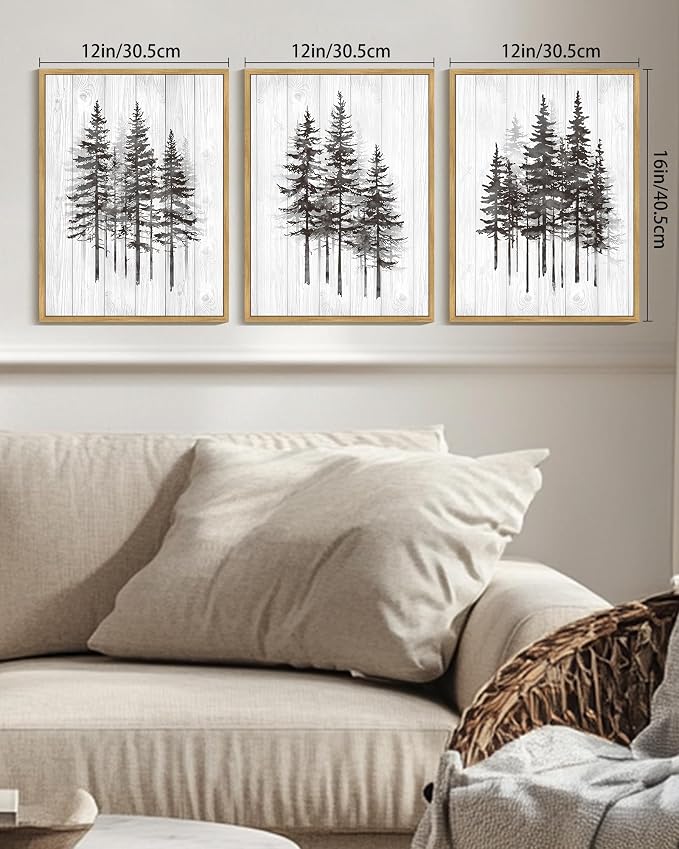KUVIOKE Woodcut Pine Tree Framed Wall Art Nature Abstract Forest Wall Decor Rustic Minimalist Painting for Bedroom Dining Room 12x16in (Natural Framed)