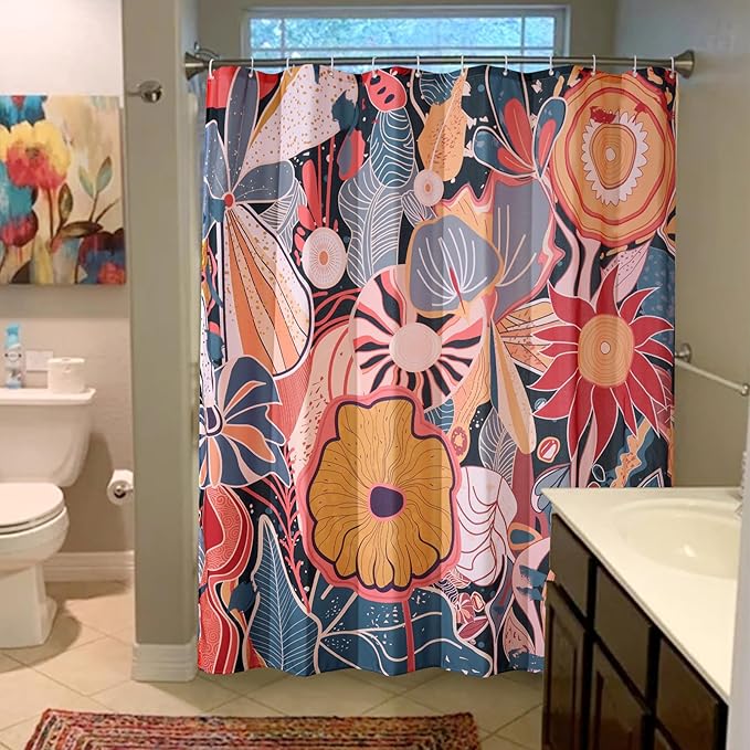 Vintage Floral Fabric Shower Curtain Set Boho Botanical Bathroom Decorations, 160GSM Heavy Duty Mid Century Modern Art Abstract Hippie Flowers Cute Bathroom Shower Curtain Set with Hooks
