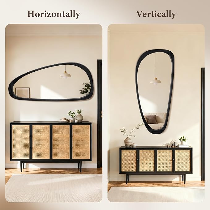 22‘’x48'' Asymmetrical Rustic Wall Mirror for Bathroom Black Wood Frame, Irregular Classic Mirror Farmhouse Vanity Mirror,Mid Century Modern Mirror Decor Living Room, Bedroom, Entryway