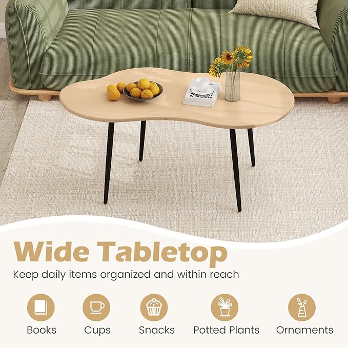 Giantex Small Coffee Table, 39.5" Cloud Center Table with Metal Frame, Unique Irregular Accent Cocktail Tea Table, Modern Wood Coffee Table for Living Room, Small Spaces (Natural)
