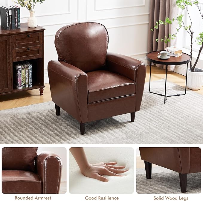 Mid Century Accent Chair, Modern Faux Leather Arm Chair, Comfy Upholstered Reading Chairs Single Sofa Chair for Living Room, Bedroom, Club, Brown