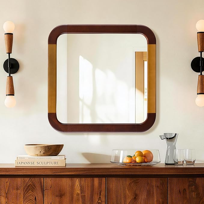 Bathroom Mirror 24 x 24 Inch,Brown Wood Rustic Rectangle Tempered Wall Mirror with Wood Frame,Round Corner Farmhouse Wooden Vanity Mirror for Living Room,Entryway or Bedroom（Walnut Brown）
