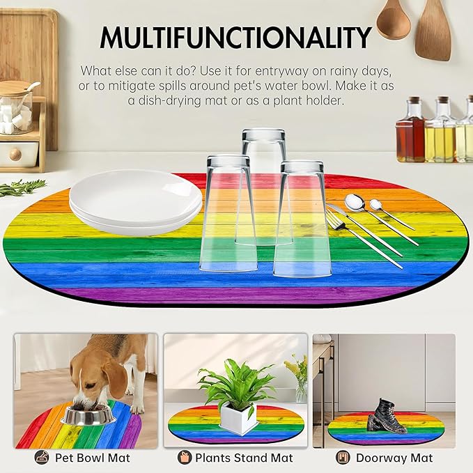 Oval Bath Mat Colorful Rainbow Wood Wall Diatomaceous Mud Mats with Rubber Backing Ultra Soft Washable 23.6"×15.7" Quick Dry Thin Bath Rugs for Bathroom Floor Bathtub Vanity Easy Care