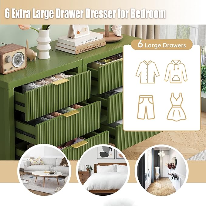 Nightstand Set of 2, Dresser and Nightstand Sets, Bedside Tables, Mid Century Nightstands with 6 Wide Drawers for Bedroom, Kids’ Room, Hallway, (GreenX 2)