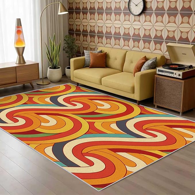 70s Retro Rug Large 8x10 Abstract Striped Groovy Hippie Pattern Area Rugs for Living Room, Bedroom, 70s Retro Home Decor Accessories Indoor Carpet, Non Slip & Machine Washable, GD0333