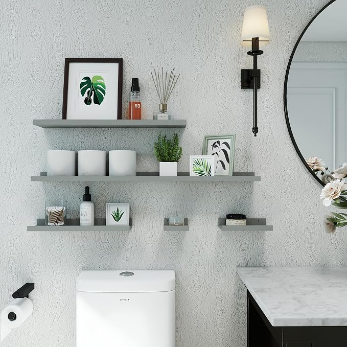 Small Floating Shelves for Wall Decor, Wall Mounted Wood Shelf for Bedroom, Living Room, Bathroom, Kitchen, Nursery, Display Picture Ledge Shelf with Lip Set of 2-8 Inches, Grey