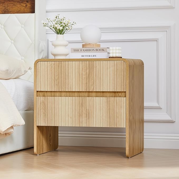 BERRYMERRY Flute 2 Drawer Dresser,Mid Century Modern Small Nightstand with 2 Drawer for Bedroom, Wood Side Table with Curved Profile for Living Room,Hallway,Enterrway