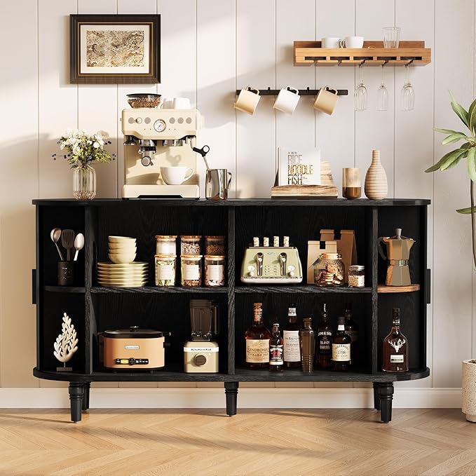 Sideboard Buffet Cabinet with Storage - Accent Kitchen Credenza Console Table with Sliding Door & Adjustable Shelf, Fluted Coffee Bar Sideboards for Living Room, Dining Room, Entryway, Black