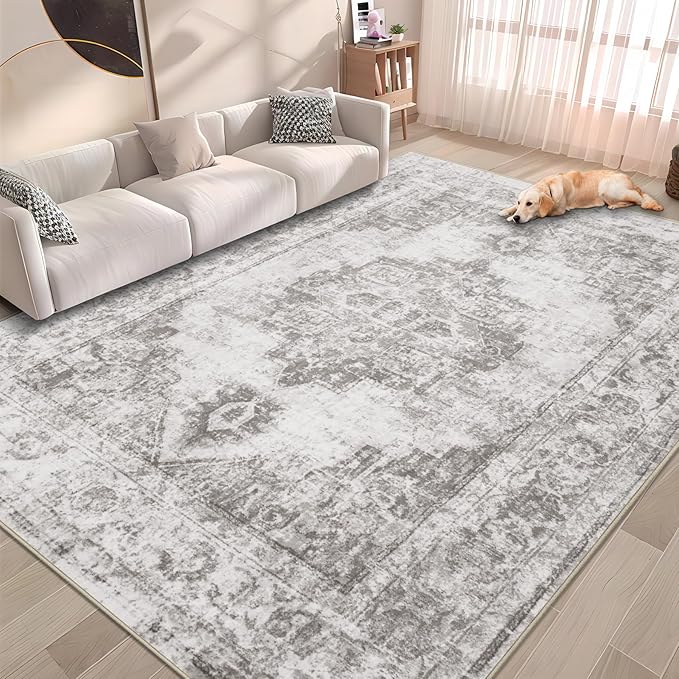 Area Rug 6x9 Vintage Rugs: Washable Indoor Medallion Rug Low Pile Distressed Floor Carpet Retro Accent Rugs for Living Room Bedroom Kitchen Dining Table Home Office(Grey, 6'x9')