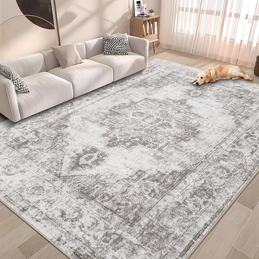 Area Rug 6x9 Vintage Rugs: Washable Indoor Medallion Rug Low Pile Distressed Floor Carpet Retro Accent Rugs for Living Room Bedroom Kitchen Dining Table Home Office(Grey, 6'x9')