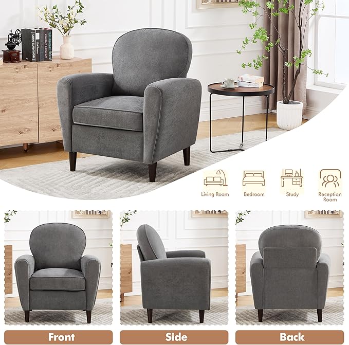 Accent Chair Set of 2, Mid Century Modern Arm Chair with Thick Cushion and Back, Comfy Upholstered Reading Chair Single Sofa Chair for Living Room, Bedroom, Club, Dark Grey