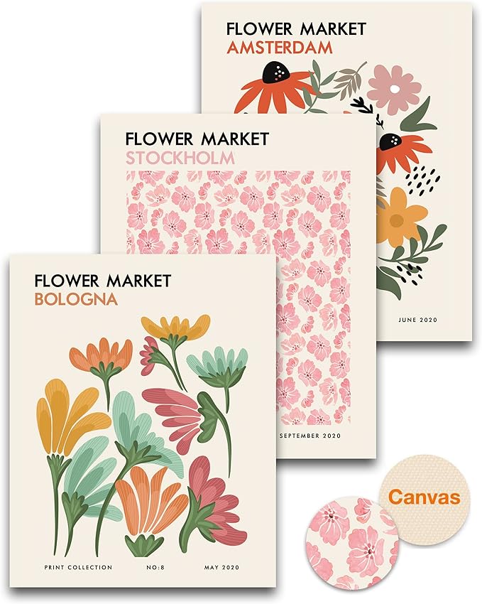 HesenDot Unframed Floral Wall Art Set of 3,12x16in Flower Market Canvas Prints, Minimalist Amsterdam Stockholm Bologna Posters for Living Room Bedroom Office Home, Unframed