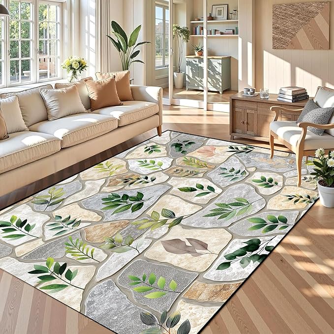 5'x7' Optical Illusion Rug 3D Stone Floor Mat Green Leaf Botanical Area Rug Rustic Nature Washable Carpet for Bedroom Living Room Kitchen Nursery Playroom Home Decor