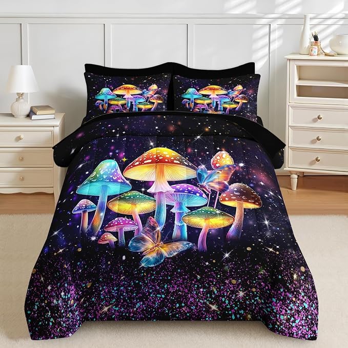 Nesker 5 Pcs Comforter Set Twin Size, Colorful Mushroom Dream Bedding Set for Kids and Adults, Hippie Plant Bed Sheet Sets with Fitted Sheet Pillowcase & Sham