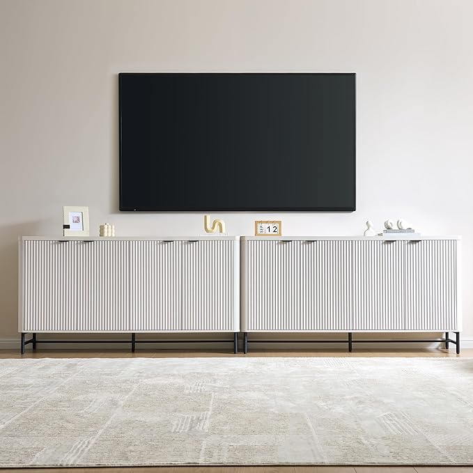 Large Sideboard Buffet Cabinet with Storage, 65" Modern Fluted Credenza Accent Coffee Bar Console Table with Doors & Adjustable Shelves for Dining Room, Living Room, Hallway(White)