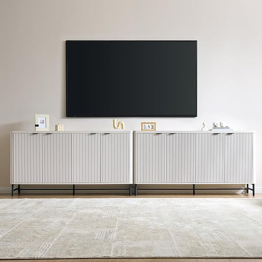 65" Large Sideboard Buffet Cabinet with Storage, Set of 2 Modern Fluted Credenza Accent Coffee Bar Console Tables with Doors & Adjustable Shelves for Living Room or Hallway, White