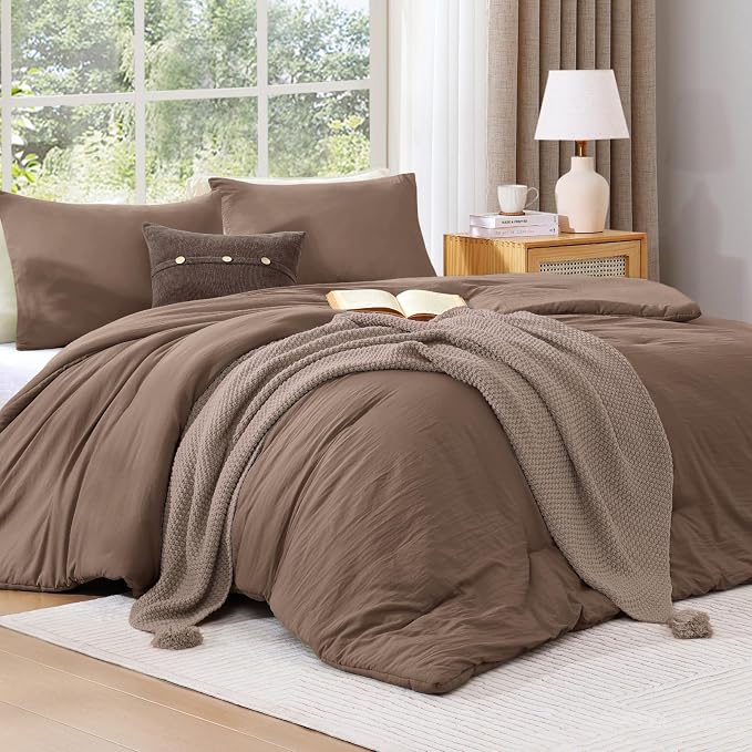 WRENSONGE Super King Plus Comforter Set - 3 Pieces Prewashed Brown Comforter Soft Lightweight for All Seasons,Down Alternative Comforters Super King Plus Size with 2 Pillow Shams