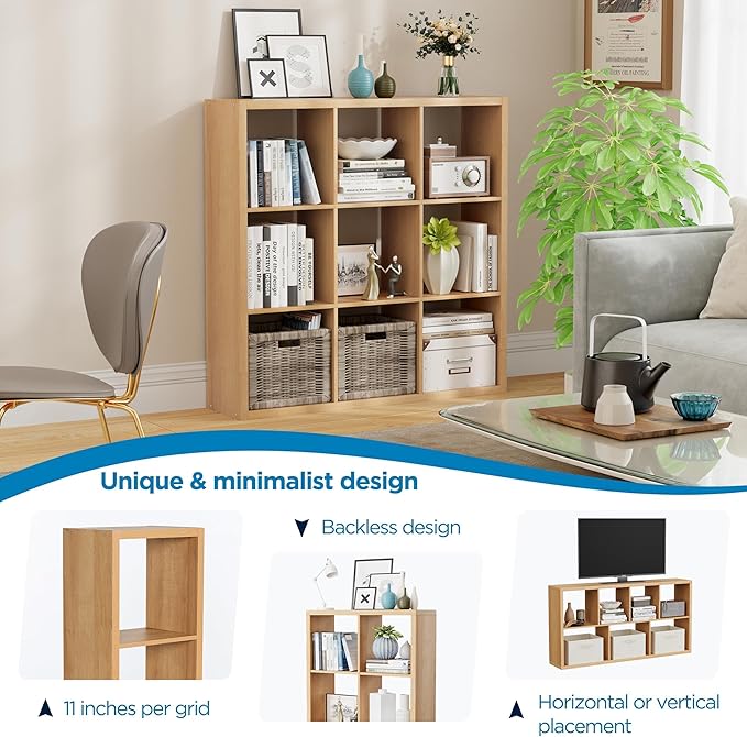 9-Cube Storage Organizer, Wooden Cube Shelf Bookcase with Reinforced Thick Shelves, Heavy-Duty 36.93" L x 9.37" W x 36.93" H, for Living Room Bedroom Home Office, Natural-Oak